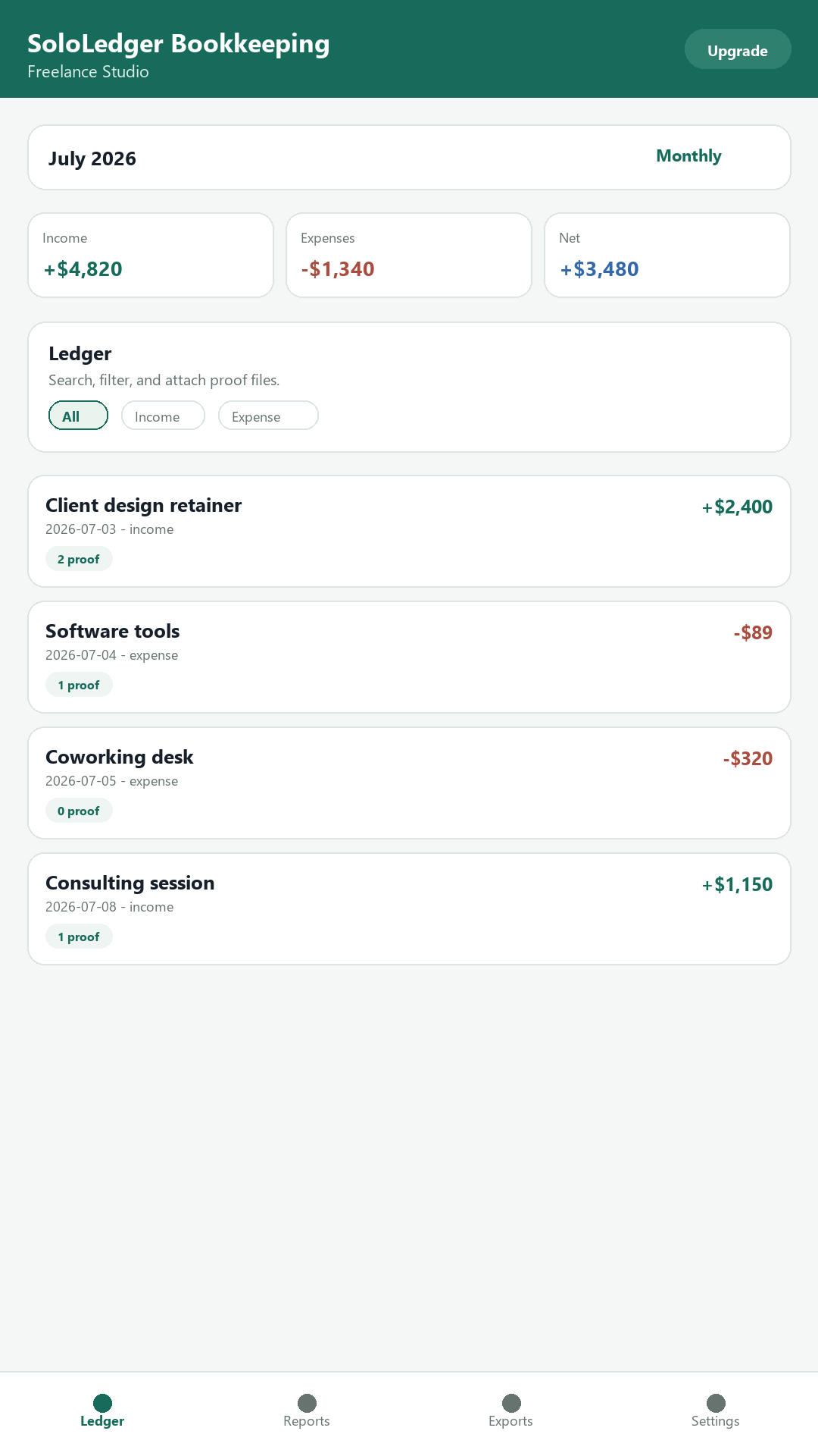 SoloLedger ledger screen with monthly totals, filters, entries, and proof counts.