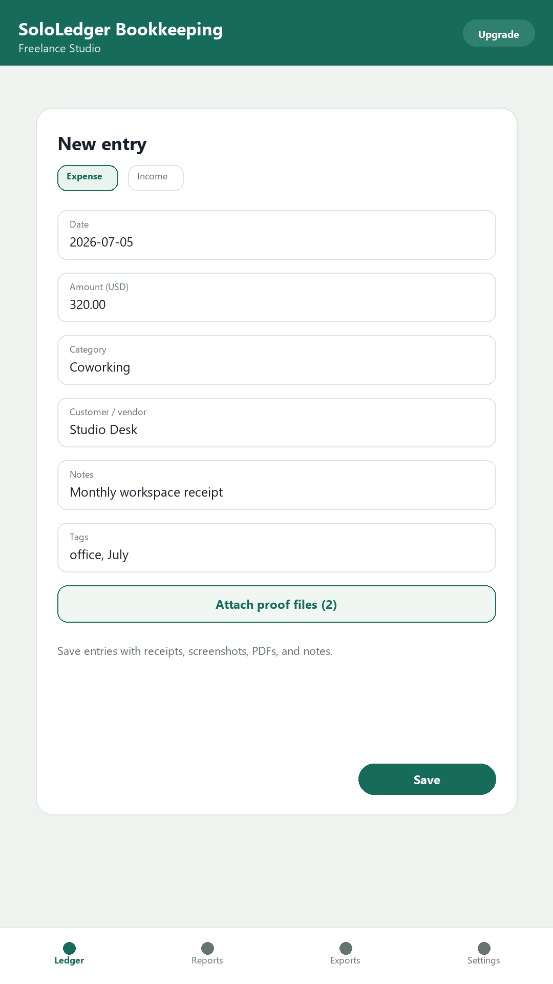 SoloLedger entry screen showing expense details and proof file attachment.