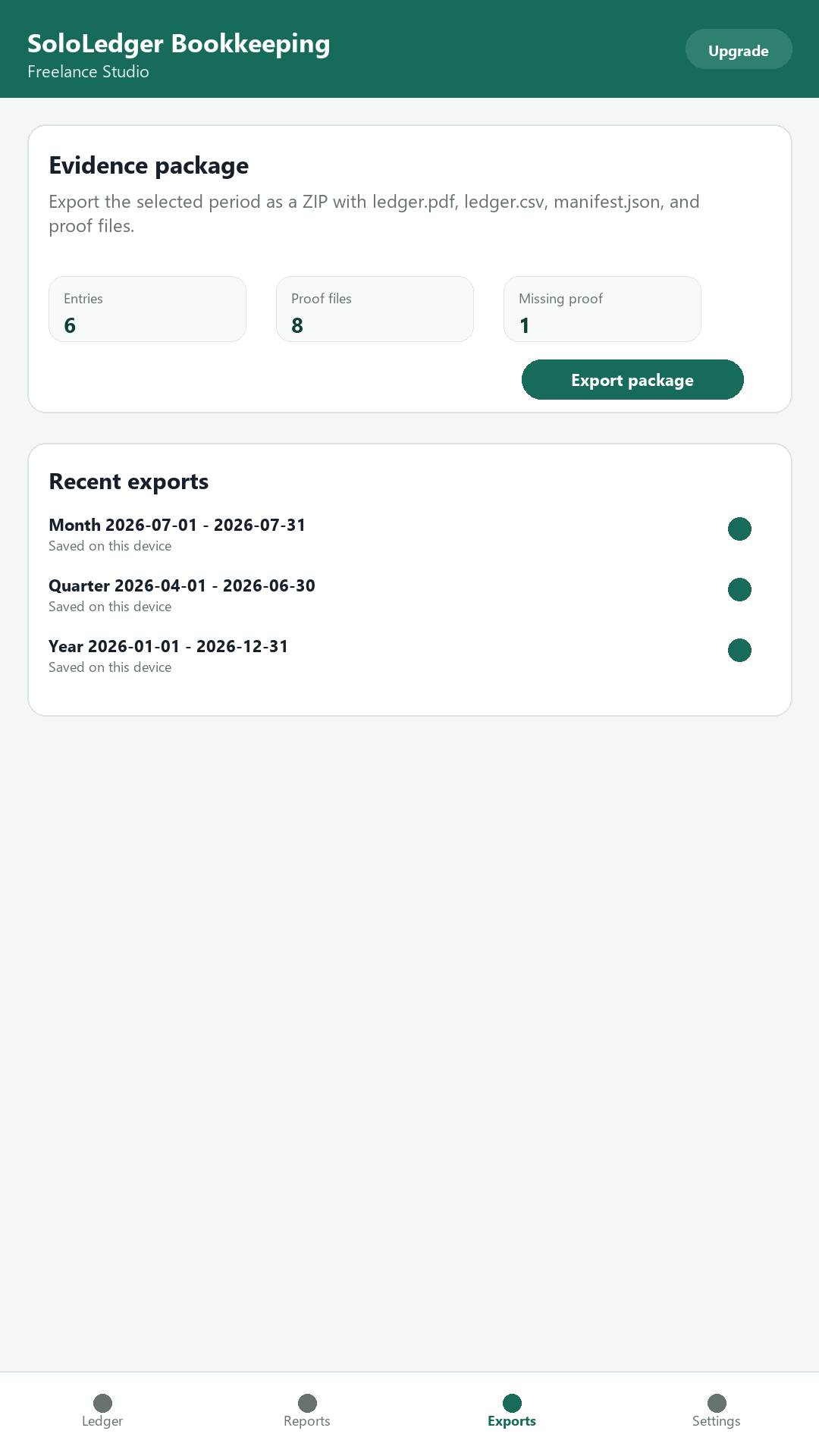 SoloLedger export screen showing evidence package contents and recent exports.